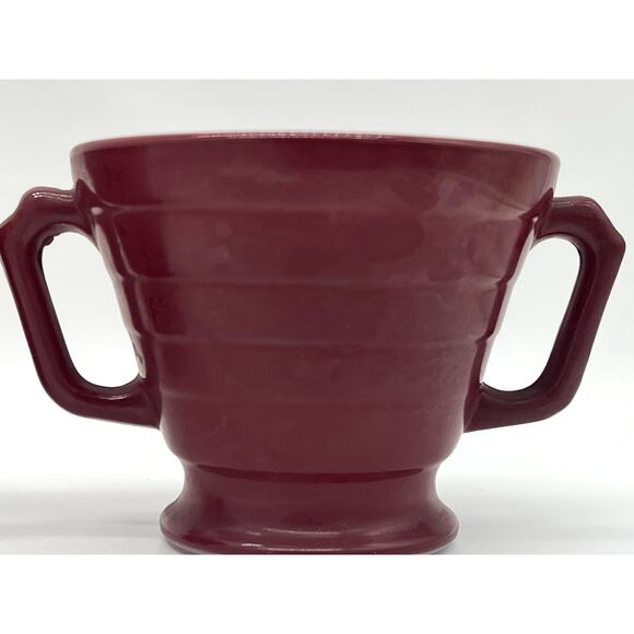 Hazel Atlas Moderntone Burgundy Red Footed Creamer & Sugar Set Vertical Ribbing - Picture 9 of 14